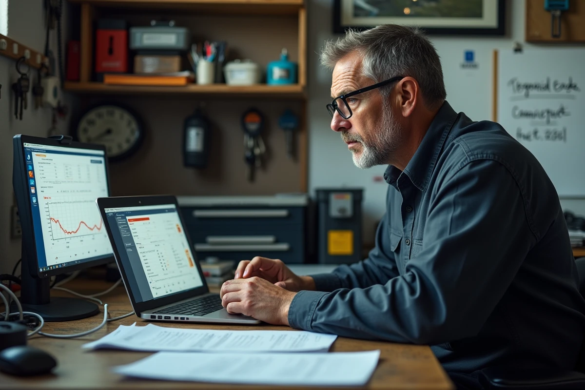 Garagiste analysant un rapport de diagnostic sur ordinateur pour identifier les erreurs liées au défaut P0087 sur 208 GTi