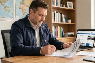 Homme examinant un document de carte grise à son bureau à domicile en 2026