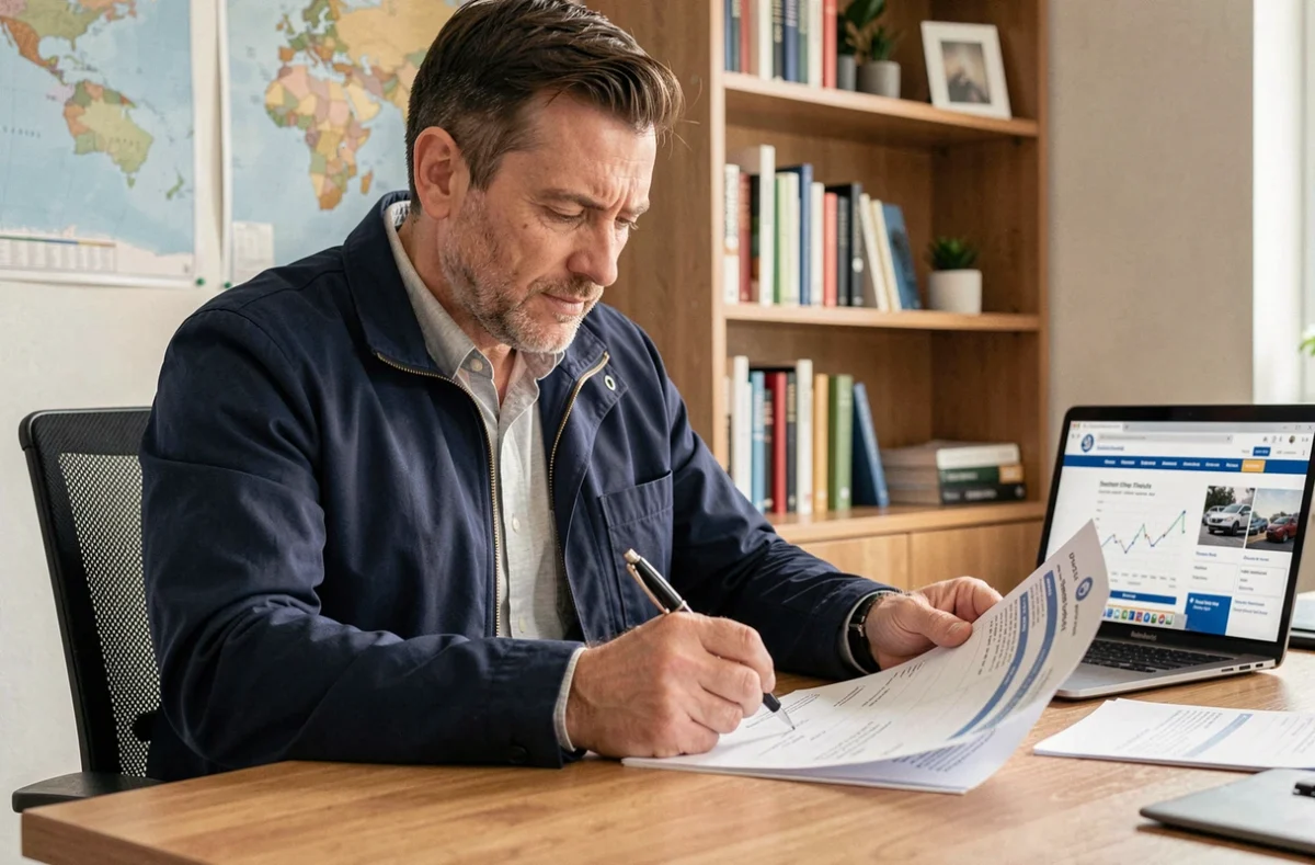 Homme examinant un document de carte grise à son bureau à domicile en 2026