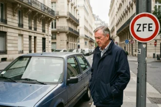 Homme examinant un panneau de restriction ZFE près de sa vieille voiture diesel dans une rue parisienne