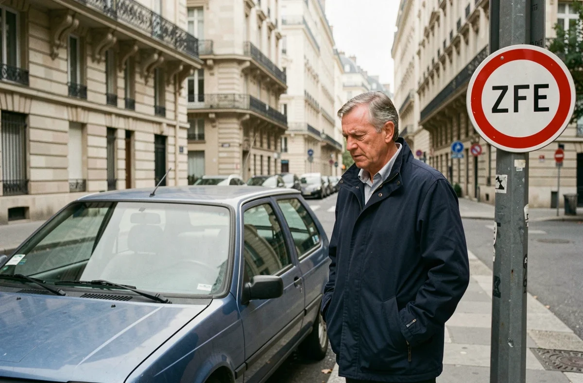 Homme examinant un panneau de restriction ZFE près de sa vieille voiture diesel dans une rue parisienne
