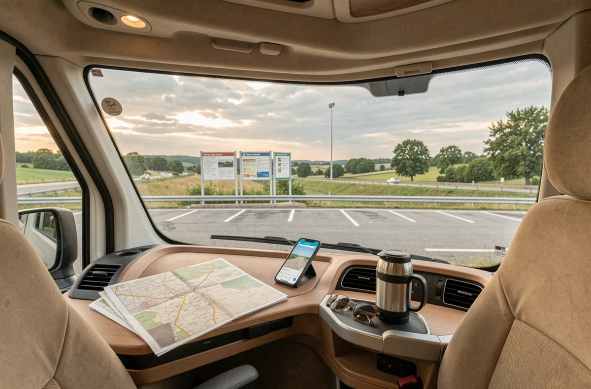 Tableau de bord de camping-car avec atlas routier et GPS sur aire d'autoroute en France
