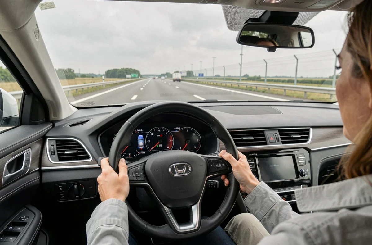 Intérieur d'une voiture essence sur autoroute avec tableau de bord affichant un kilométrage élevé