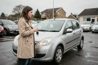 Jeune femme tenant des clés de voiture devant sa première voiture d'occasion dans un parking de concessionnaire