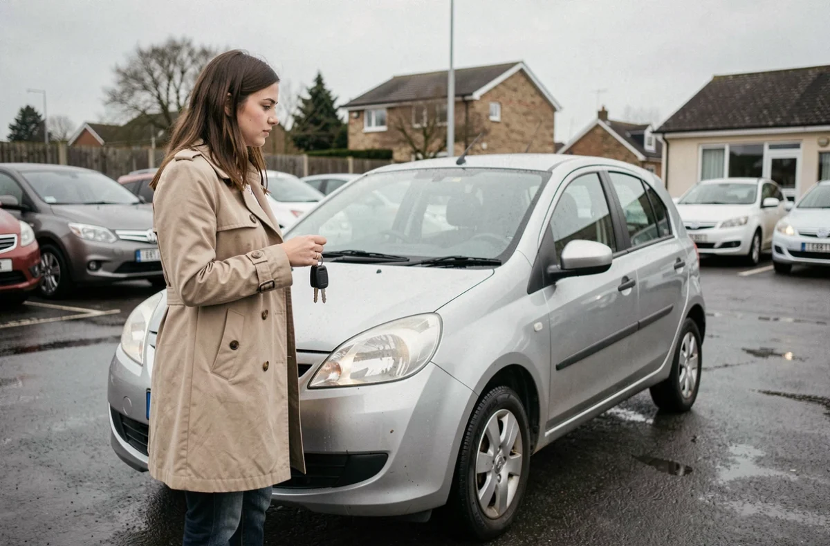 Jeune femme tenant des clés de voiture devant sa première voiture d'occasion dans un parking de concessionnaire