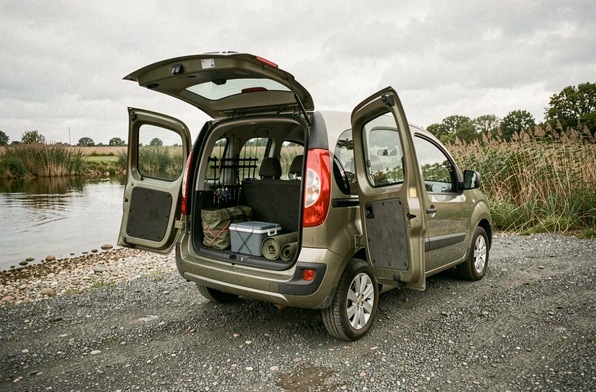 Renault Kangoo aménagé pour la pêche avec cannes à pêche, waders et glacière organisés dans le coffre, garé au bord d'une rivière