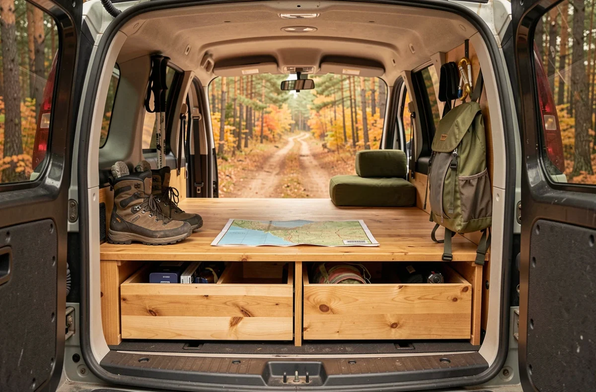 Intérieur d'un Kangoo aménagé pour la randonnée avec plate-forme en bois, rangements, chaussures de trek et bâtons, ouvert sur un sentier forestier