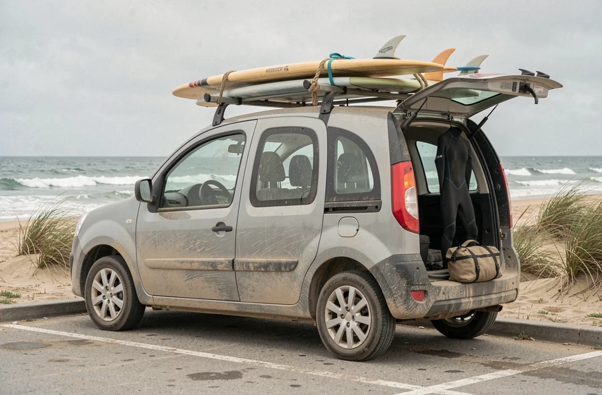 Kangoo aménagé pour le surf avec planche sur le toit et combinaison néoprène, garé face à l'océan sur un parking côtier