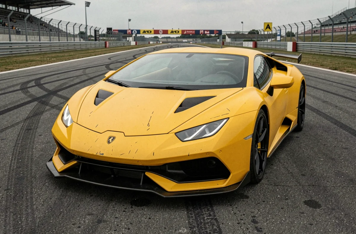 Lamborghini Huracán jaune garée à l'entrée d'un circuit de course, vue 3/4 avant en contre-plongée mettant en valeur la carrosserie sportive