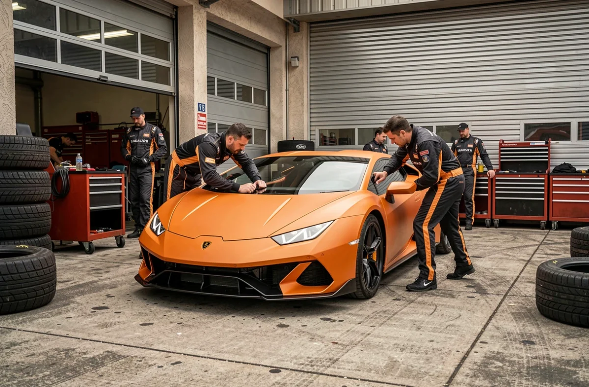 Lamborghini Huracán EVO orange mat dans le paddock d'un circuit entourée de mécaniciens, ambiance coulisses de course automobile
