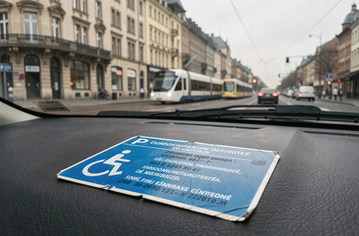 Gros plan du macaron européen de stationnement handicapé posé sur le tableau de bord d'une voiture à Bruxelles