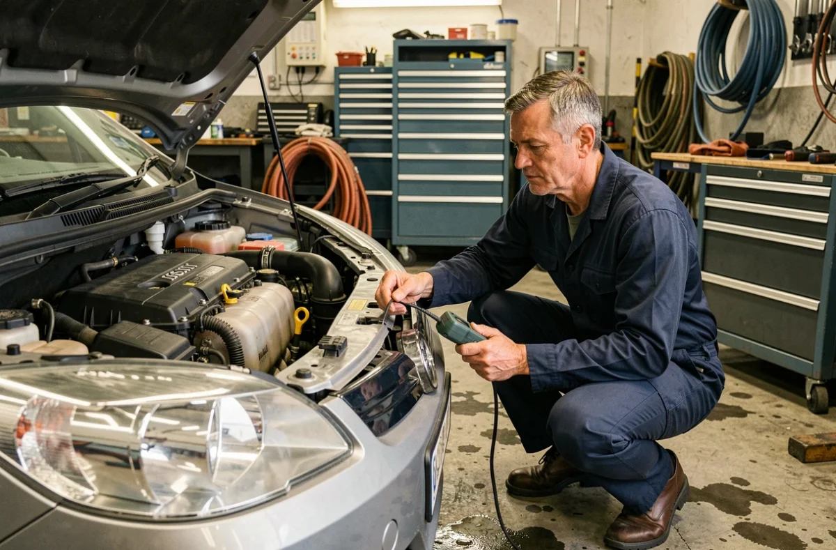 Mécanicien inspectant le moteur essence d'une voiture familiale dans un garage professionnel