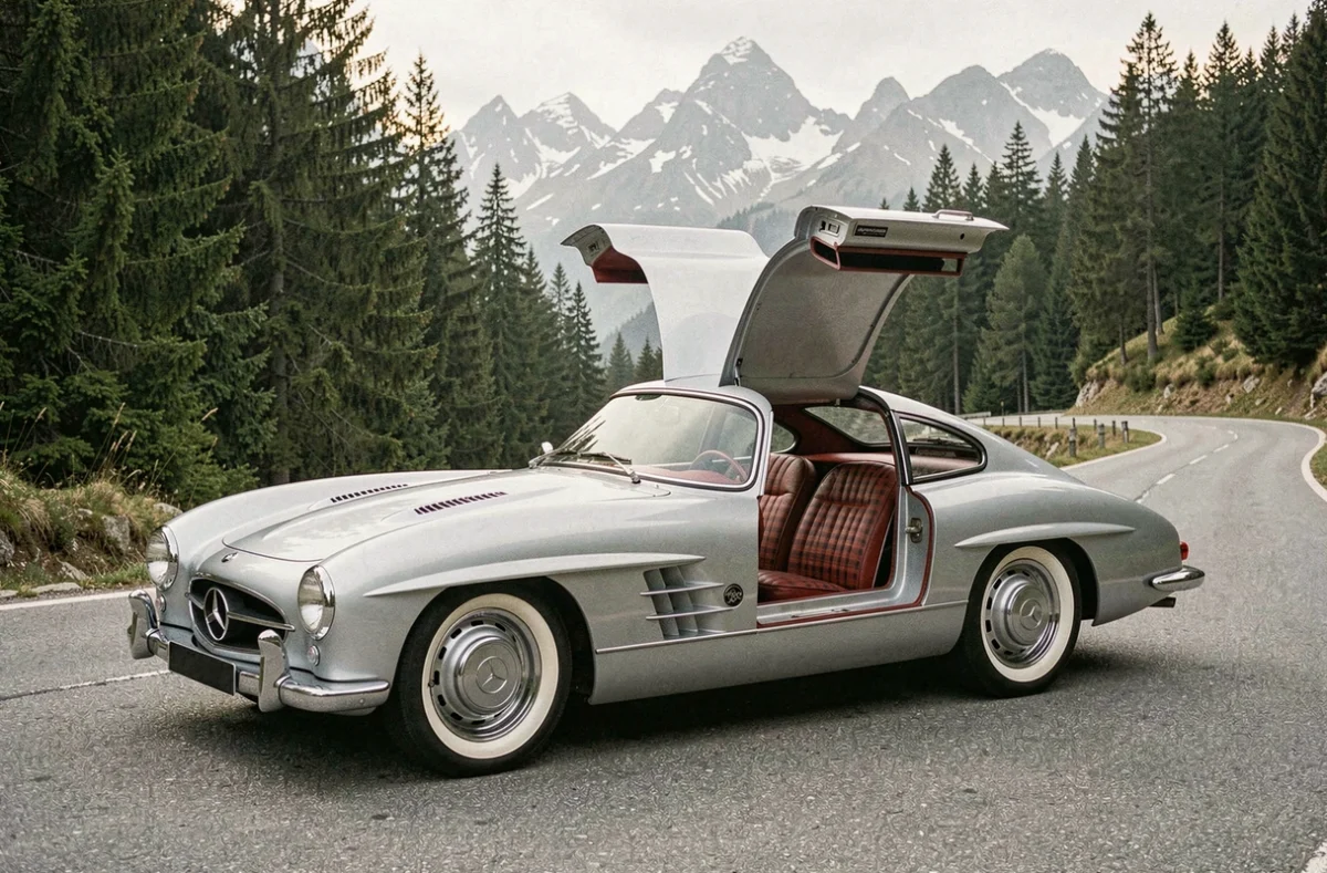 Mercedes 300 SL Gullwing en argent avec portières papillon ouvertes sur une route de montagne alpine entourée de forêts de pins
