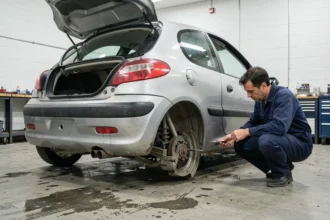 Train arrière renforcé d'une Peugeot 206 visible dans un atelier mécanique, suspension arrière révisée avec essieu renforcé