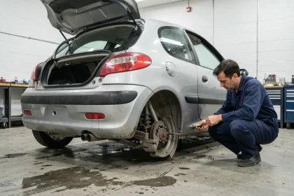 Train arrière renforcé d'une Peugeot 206 visible dans un atelier mécanique, suspension arrière révisée avec essieu renforcé