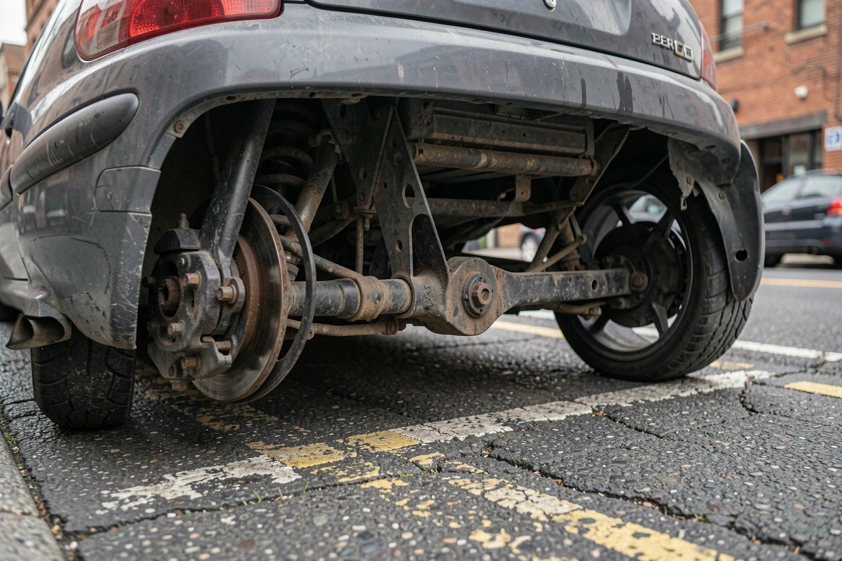 Peugeot 206 tunée avec train arrière renforcé et silent-blocs polyuréthane, vue arrière trois quarts en milieu urbain