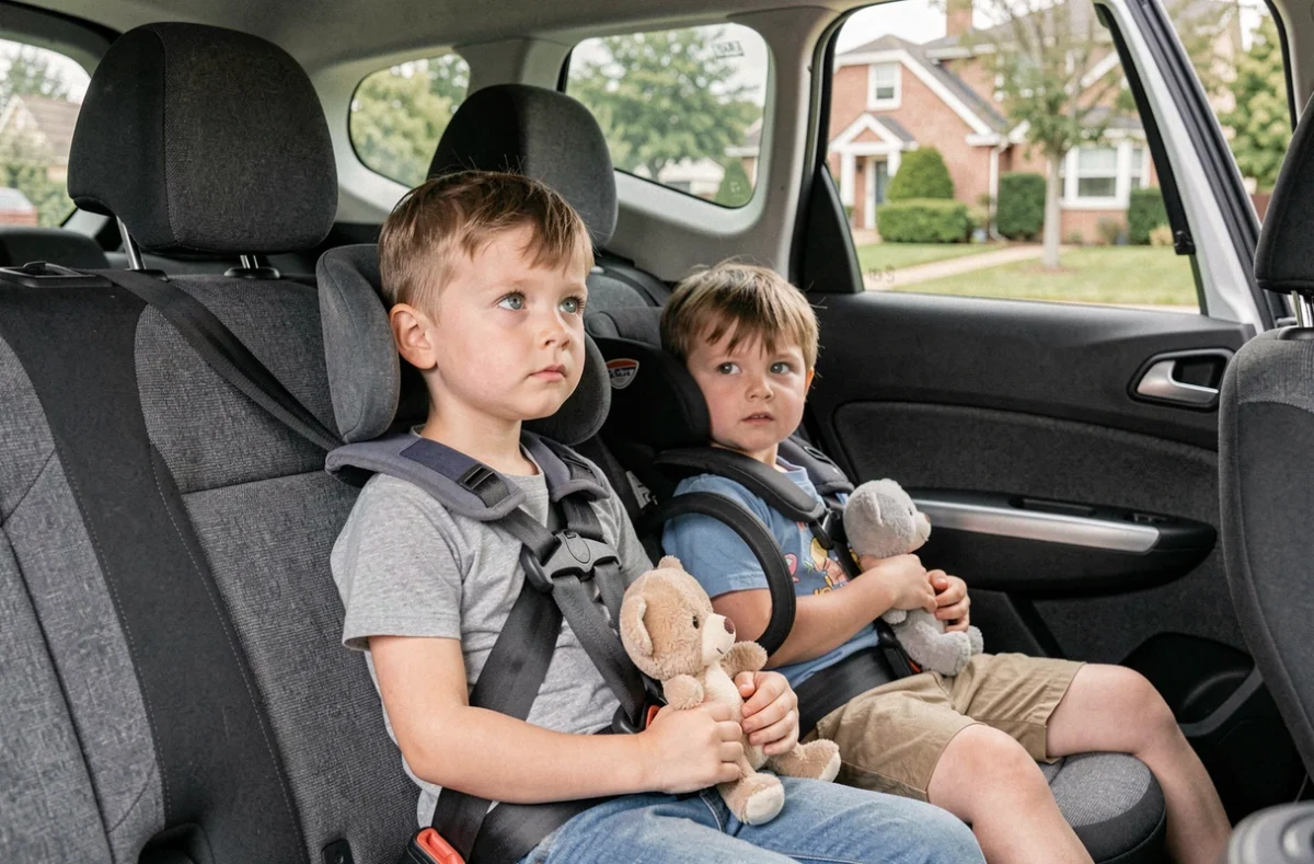 Deux enfants attachés avec des sièges auto Isofix dans la deuxième rangée du Peugeot Rifter 7 places