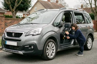 Mère installant un siège bébé sur les ancrages Isofix d'un Peugeot Rifter 7 places gris métallisé