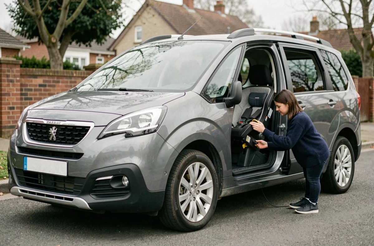Mère installant un siège bébé sur les ancrages Isofix d'un Peugeot Rifter 7 places gris métallisé