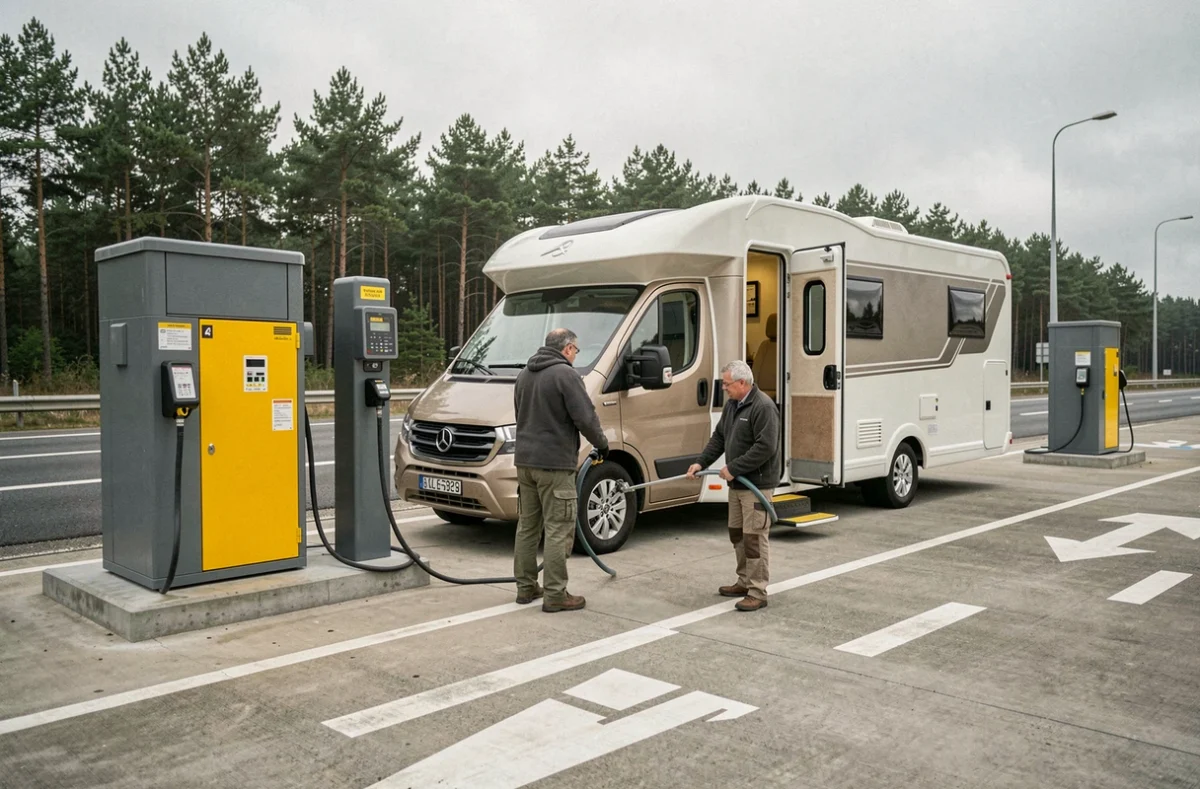 Aire de services camping-car sur autoroute française avec borne de vidange et eau