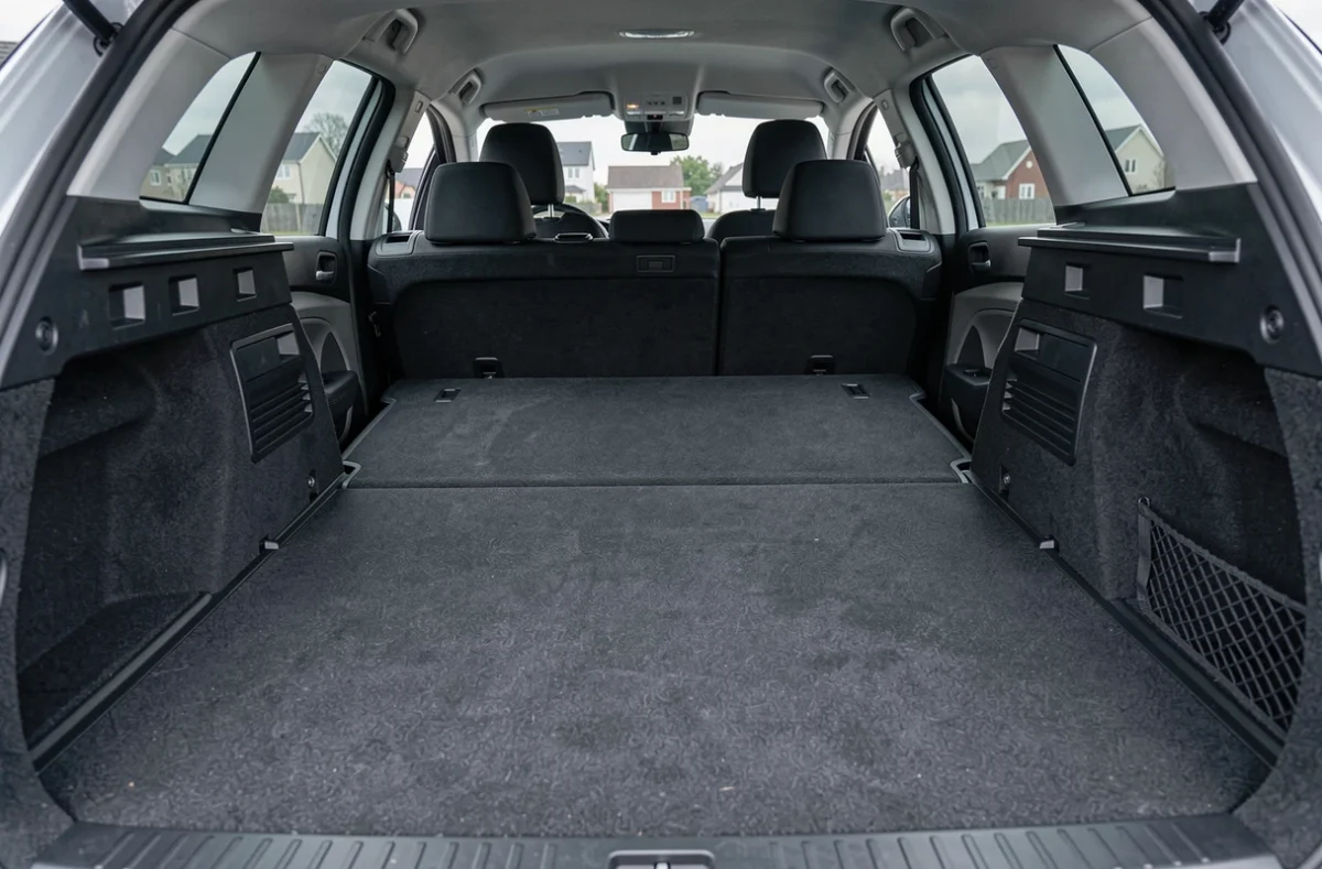 Coffre de la 308 SW phase 2 avec sièges rabattus formant un plancher plat pour maximiser l'espace de chargement