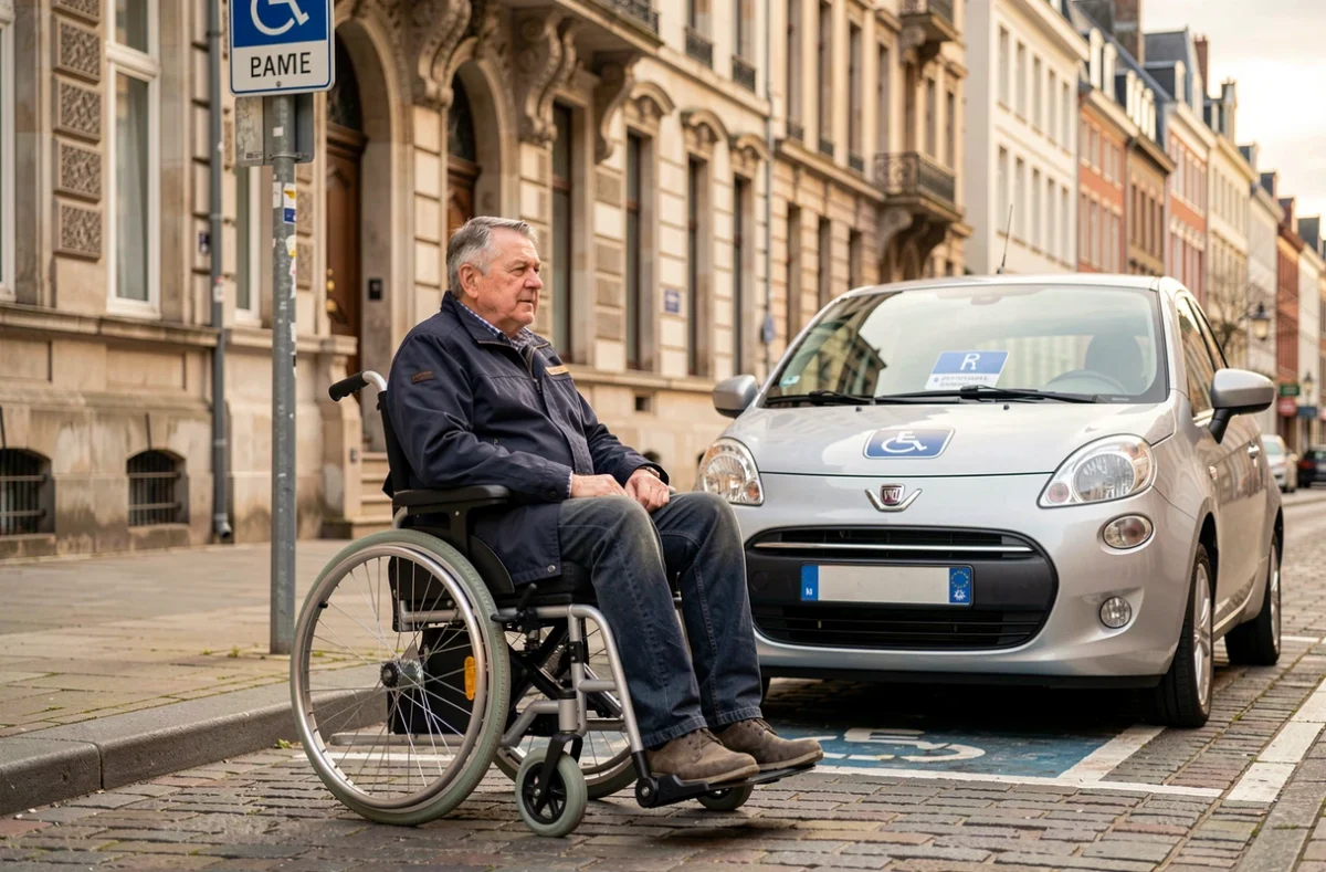 Personne en fauteuil roulant près d'une place de stationnement handicapé à Bruxelles avec carte européenne de stationnement visible