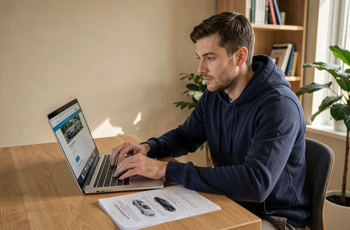 Homme vérifiant l'historique d'un véhicule d'occasion sur un site spécialisé depuis son bureau à domicile