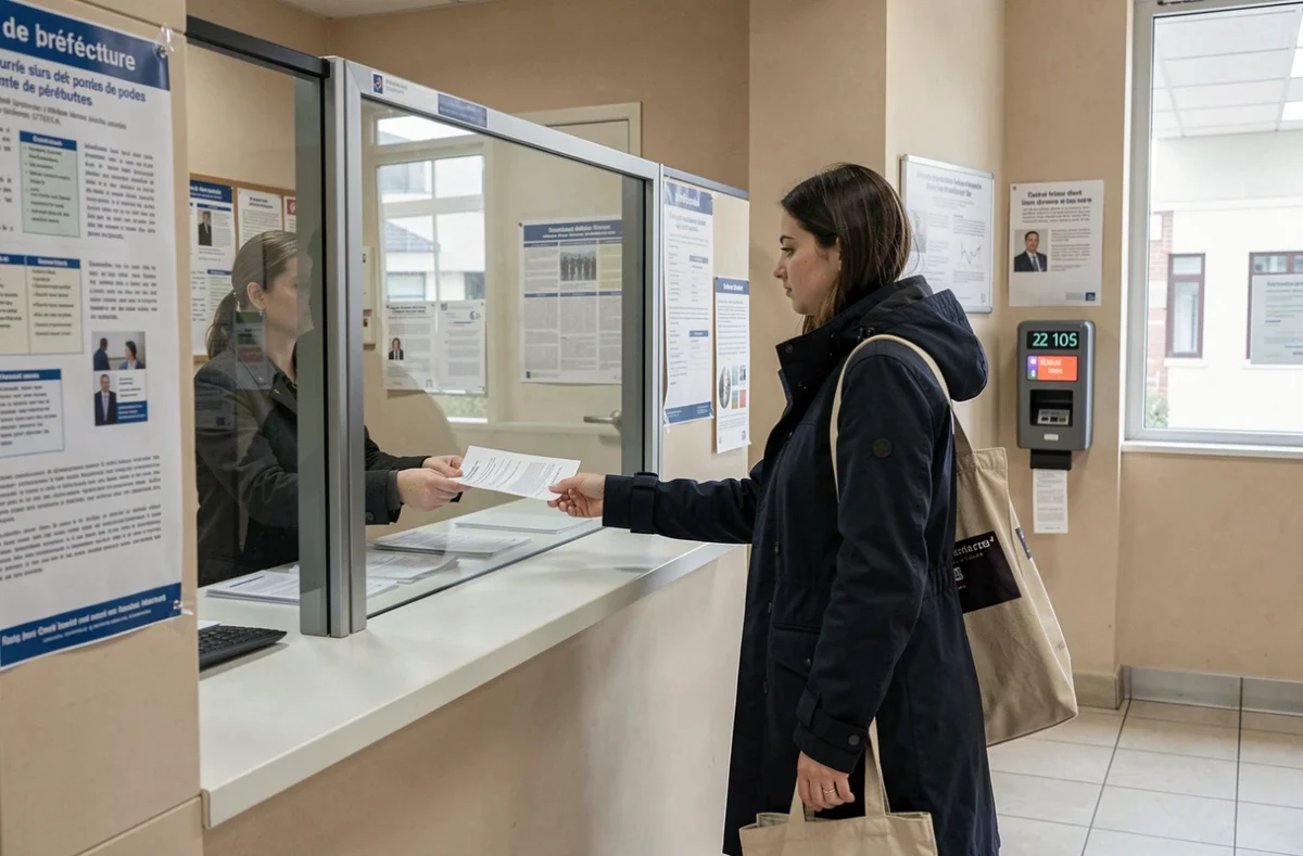 Jeune femme déposant un dossier en préfecture pour vérifier la validité de son numéro NEPH