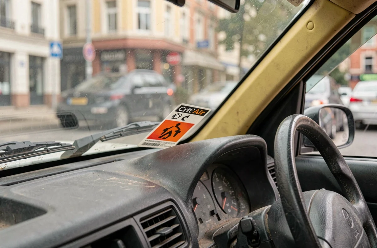 Vignette Crit'Air collée sur le pare-brise d'une vieille voiture en zone urbaine