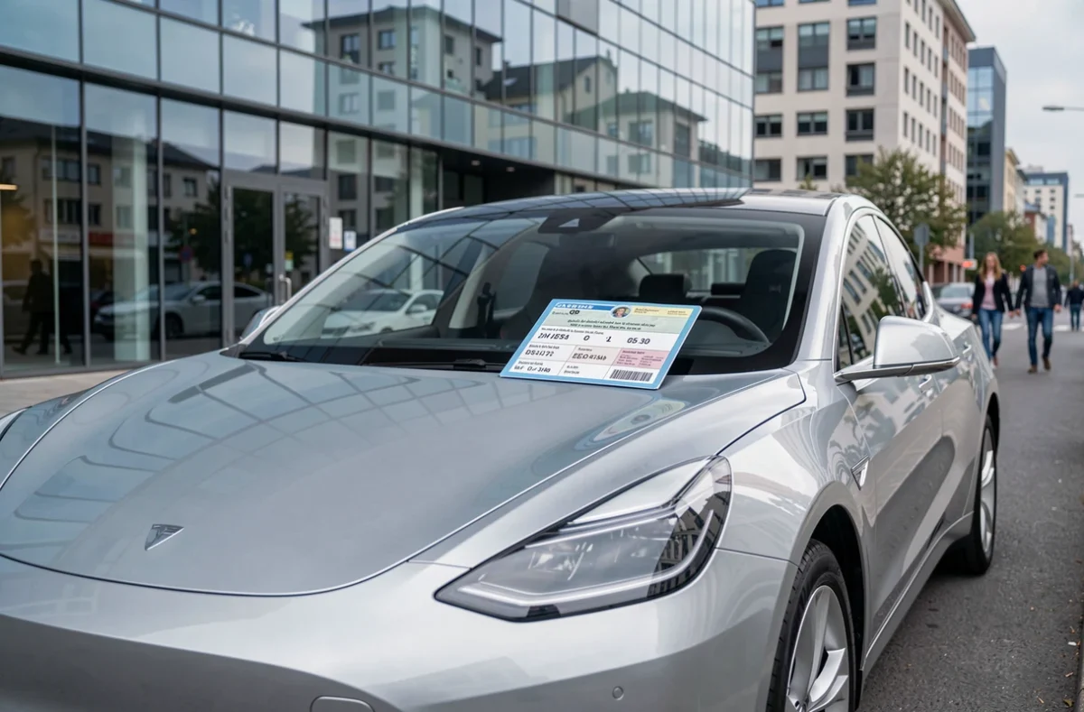 Voiture électrique moderne avec carte grise visible sur le tableau de bord dans un cadre urbain