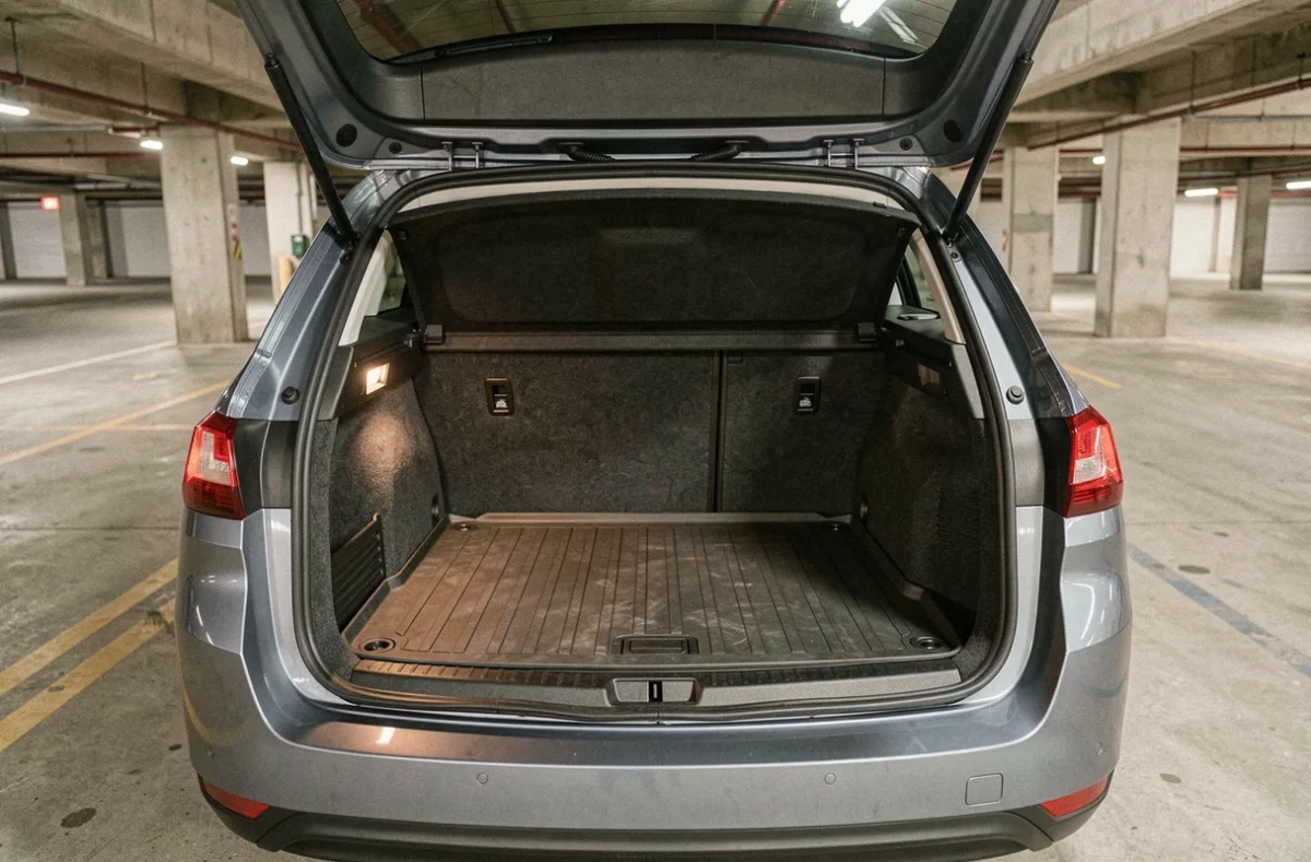 Volume du coffre de la Peugeot 308 SW phase 2 ouvert vu de l'arrière dans un parking urbain