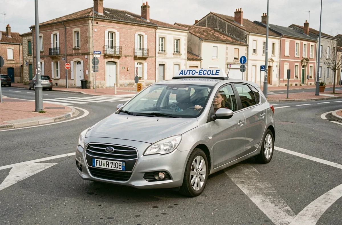 Voiture de l'Agen Auto Ecole négociant un rond-point dans les rues d'Agen avec une élève au volant