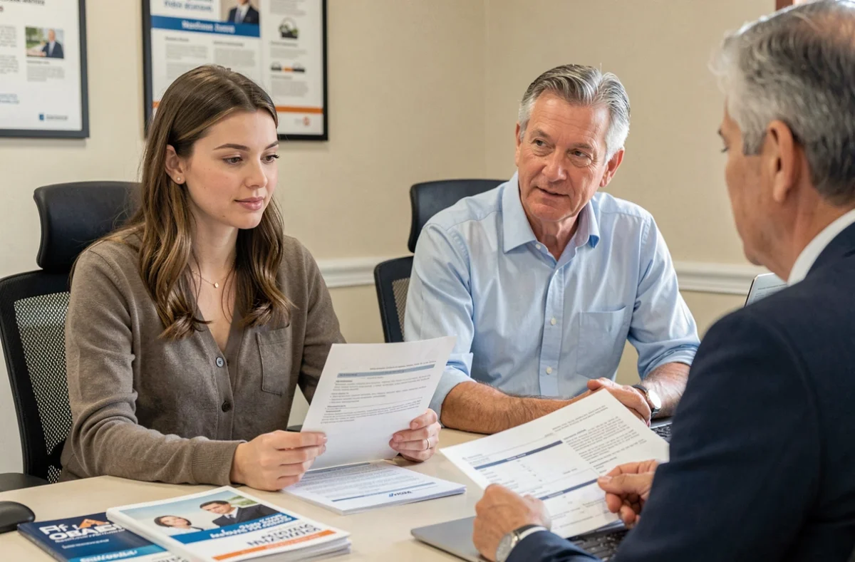 Jeune conductrice et parent dans une agence d'assurance auto pour souscrire un premier contrat