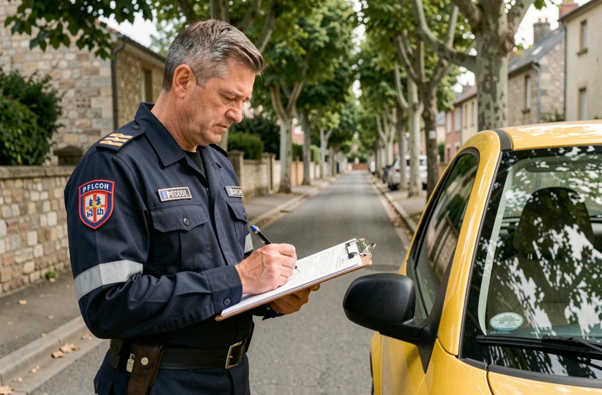 Agent de sécurité routière rédigeant un rapport d'accident à côté d'une voiture sans permis en zone résidentielle