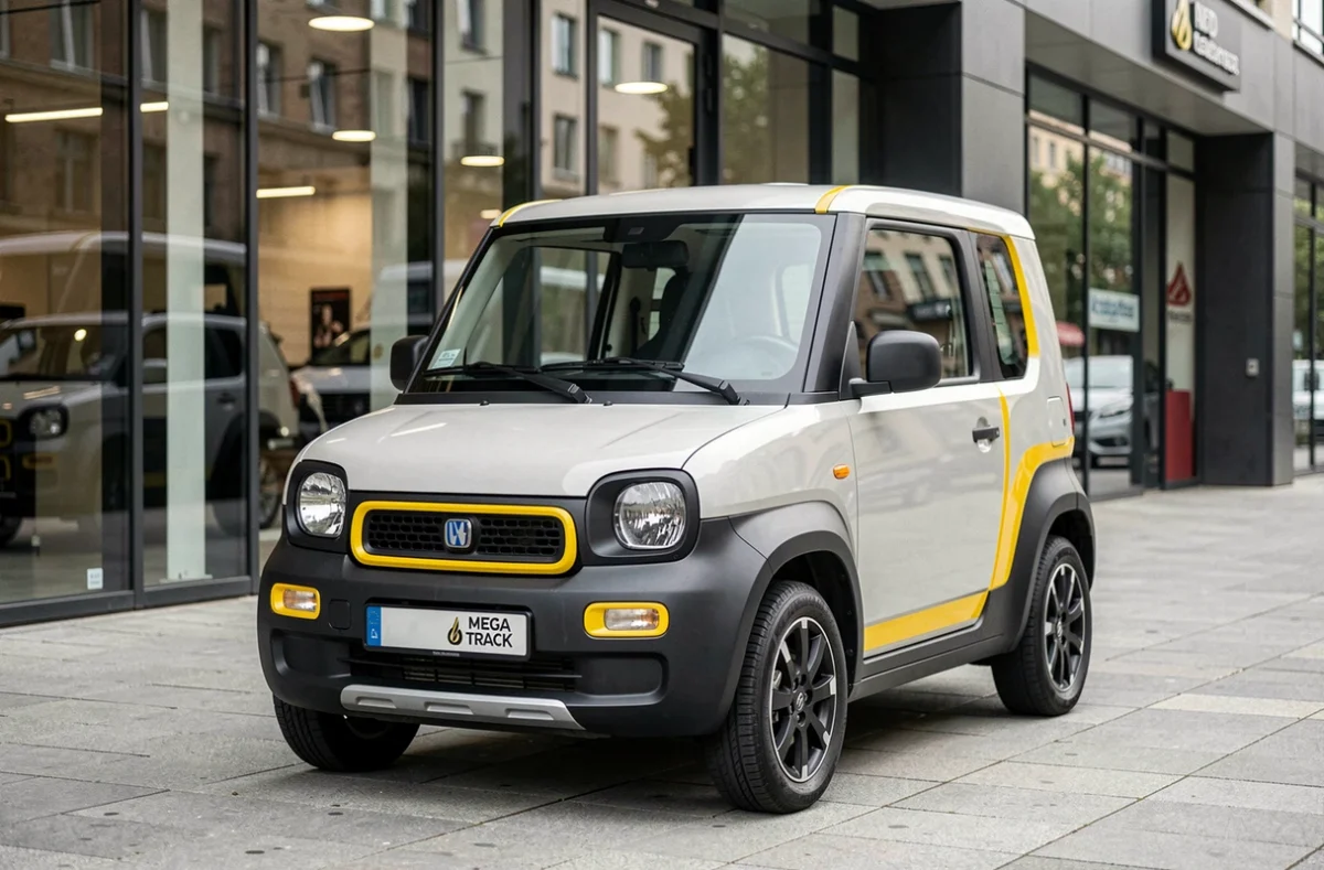 Aixam Mega Track garée devant une concession automobile moderne en milieu urbain