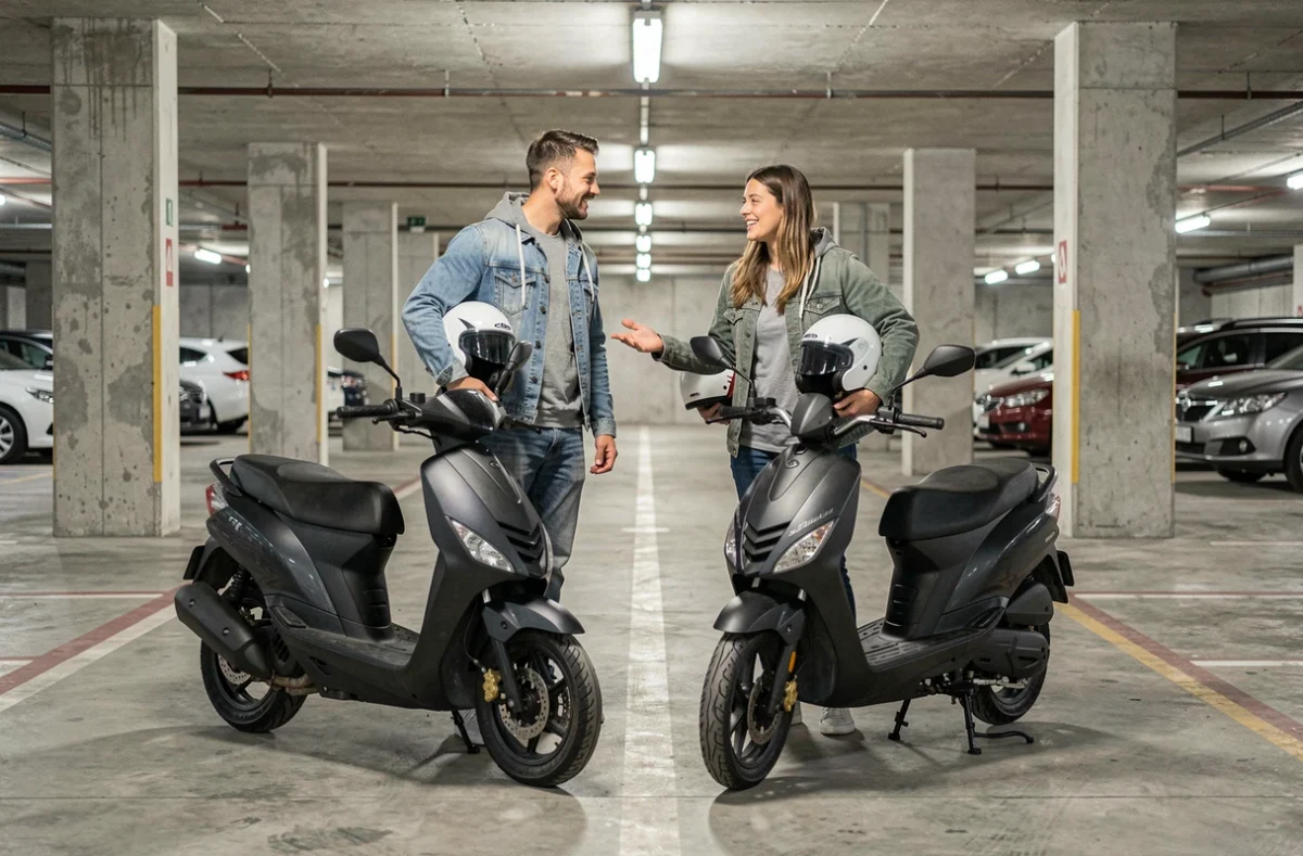 Deux jeunes adultes comparant leurs scooters dans un parking souterrain pour choisir la meilleure assurance