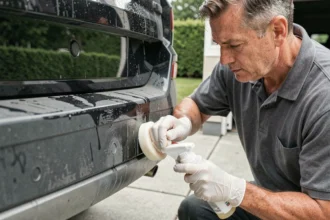Homme appliquant un rénovateur plastiques extérieurs sur le pare-chocs noir d'un SUV dans une allée résidentielle