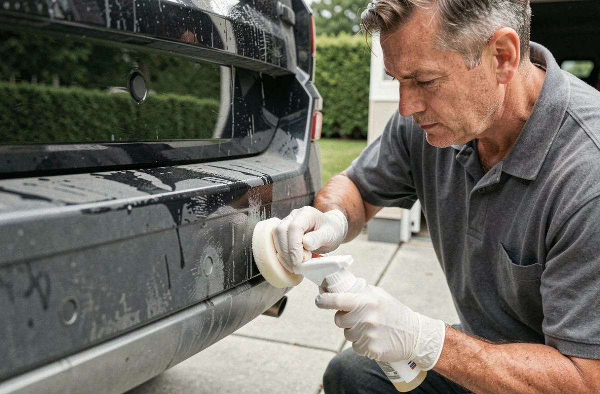 Homme appliquant un rénovateur plastiques extérieurs sur le pare-chocs noir d'un SUV dans une allée résidentielle