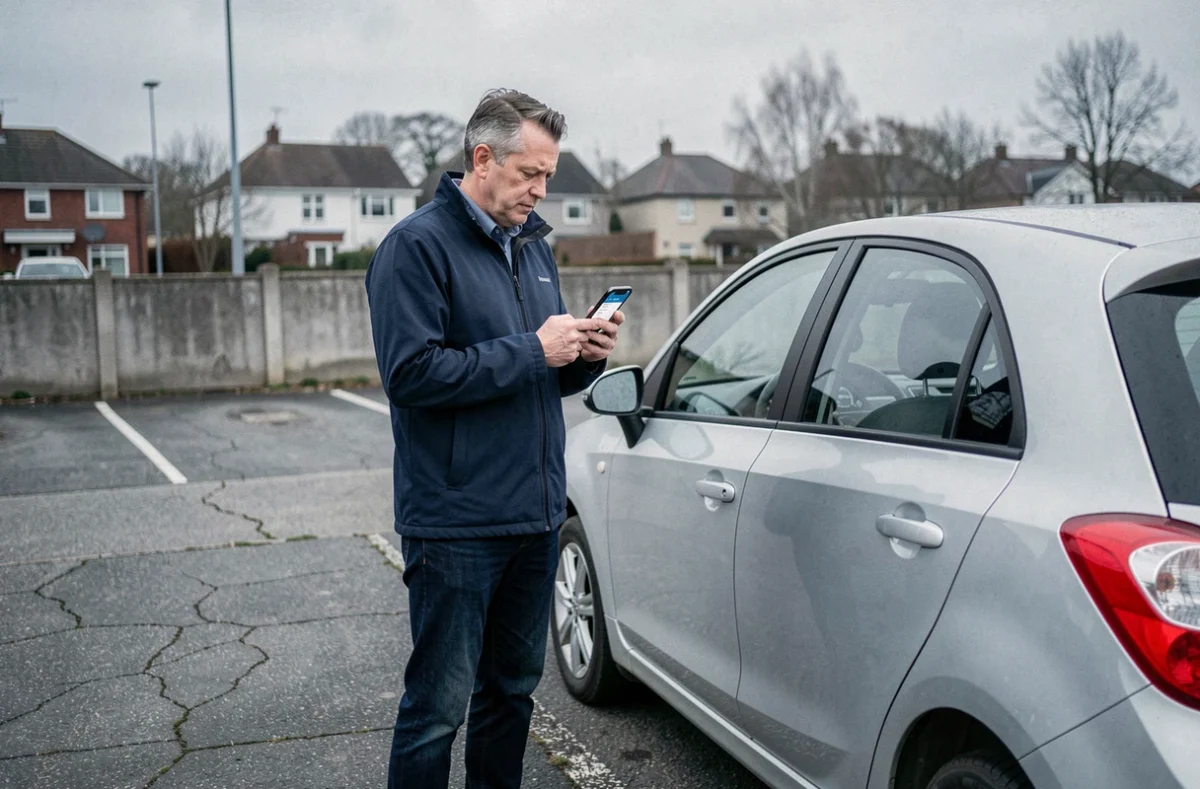 Homme debout près de sa voiture consultant une application d'assurance auto sur smartphone pour arrêter son contrat