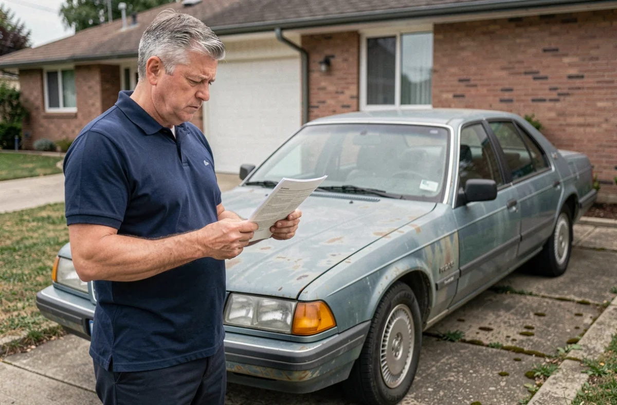 Homme examinant un document d'assurance devant une vieille voiture dans une allée résidentielle
