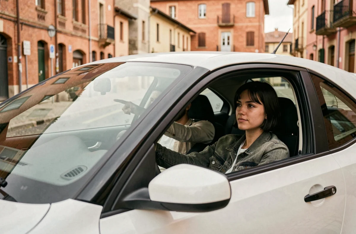 Élève conductrice au volant d'une voiture d'auto-école Adam à Montauban, avec moniteur à ses côtés