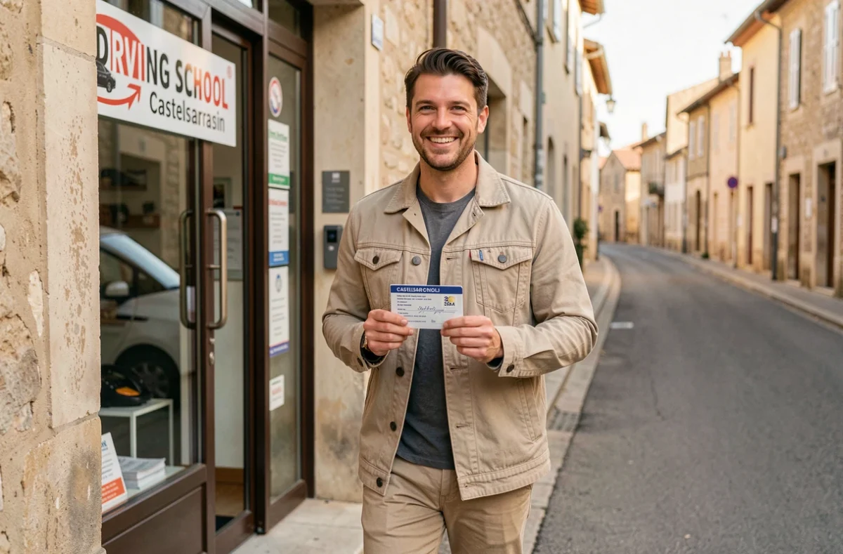 Nouveau conducteur souriant sortant de l'auto-école Castel Conduite à Castelsarrasin avec son permis