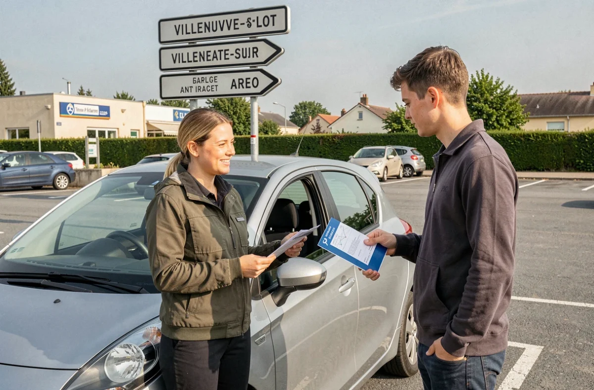 Monitrice de l'auto-école Delphine à Villeneuve-sur-Lot expliquant la signalisation routière à un élève dans un parking