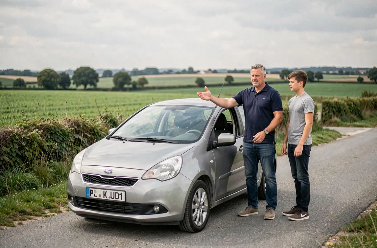 Un moniteur d'auto-école expliquant une manœuvre à un élève sur une route rurale près de Melle, pour l'Auto-école du Pays Mellois