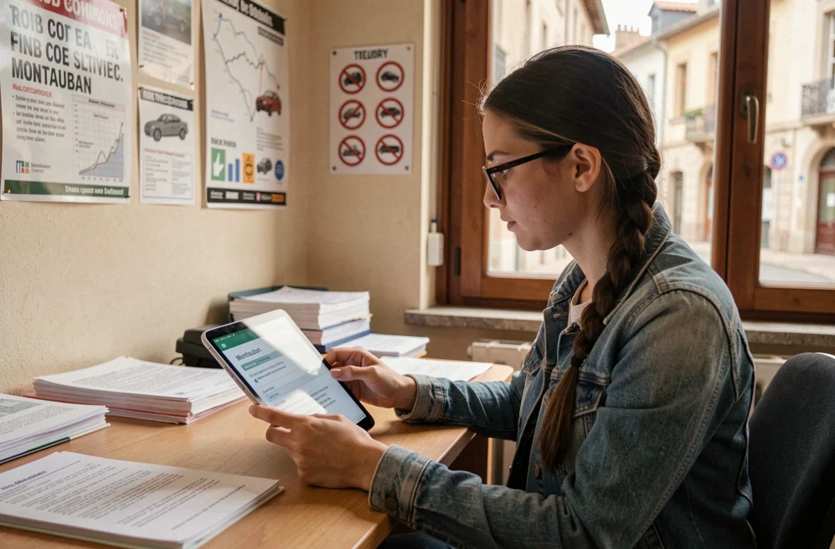 Étudiante révisant son code de la route dans les locaux de l'auto-école Sens Unique à Montauban