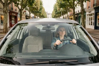Une jeune conductrice concentrée au volant d'une voiture dans une rue française, illustrant le thème des auto-écoles dans les Deux-Sèvres