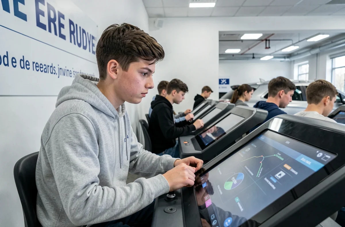 Un jeune homme passant l'examen du code de la route sur une borne interactive dans une auto-école à Niort, pour Avenir Conduite
