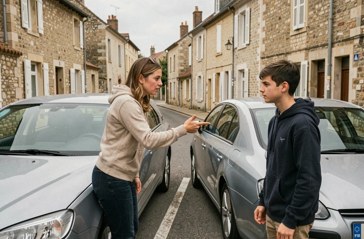Une monitrice expliquant une manœuvre de stationnement à un élève dans une rue de Parthenay, pour Brémaud Formation