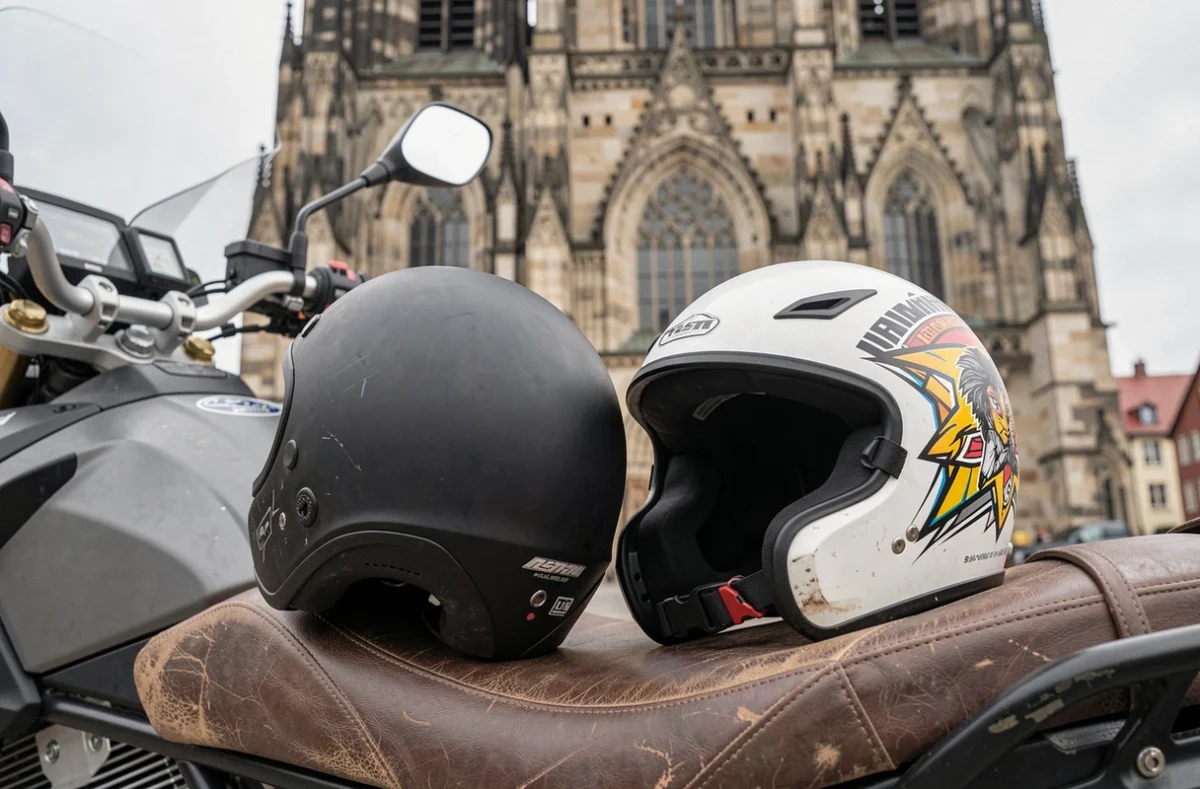 Deux casques de moto posés sur la selle d'une moto garée près de la cathédrale de Strasbourg illustrant l'assurance moto