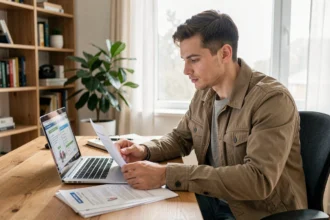 Jeune homme comparant des offres d'assurance scooter sur ordinateur portable avec des documents papier sur un bureau en bois